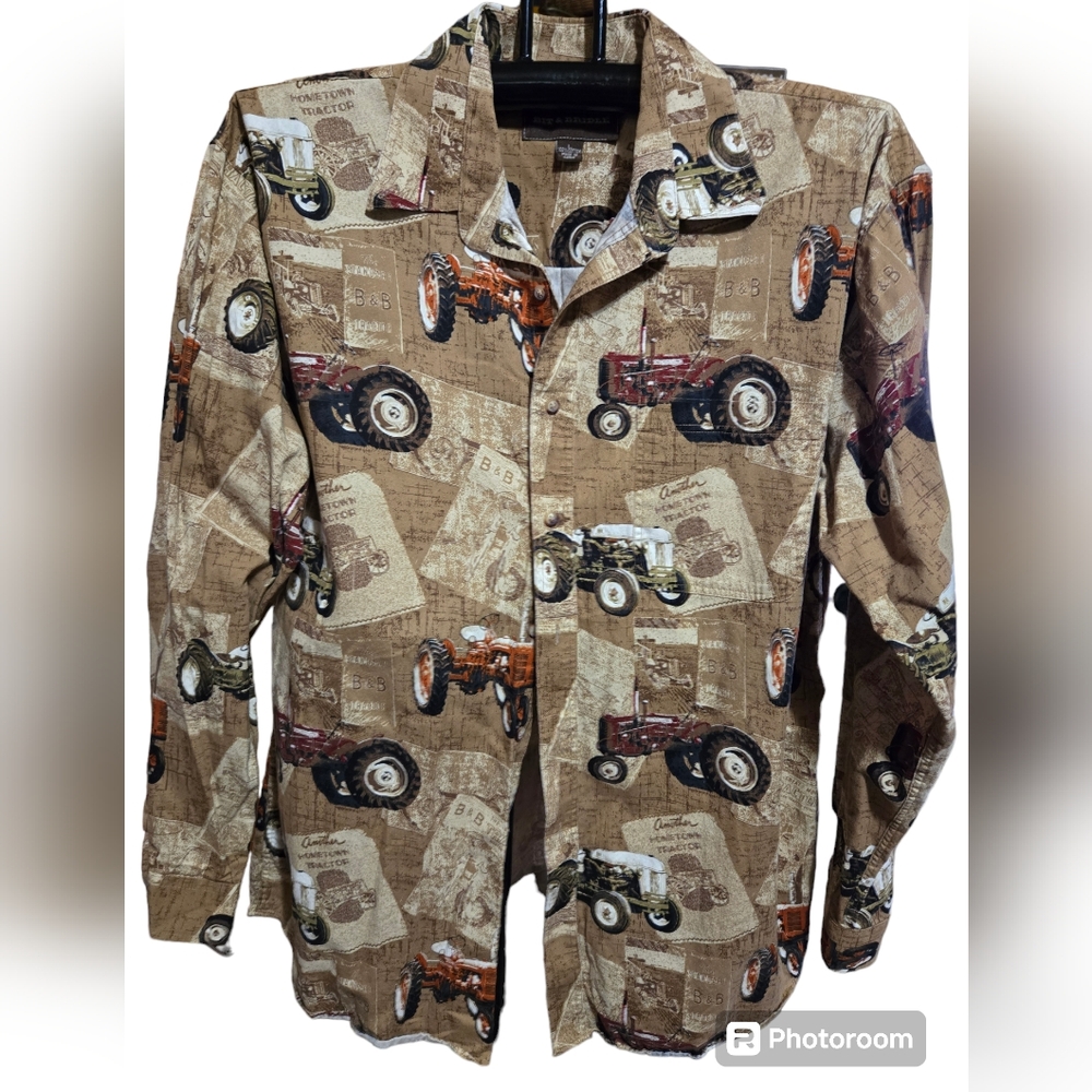BIT & BRIDLE Tractors AOP Button Down Long Sleeve Shirt Size Large